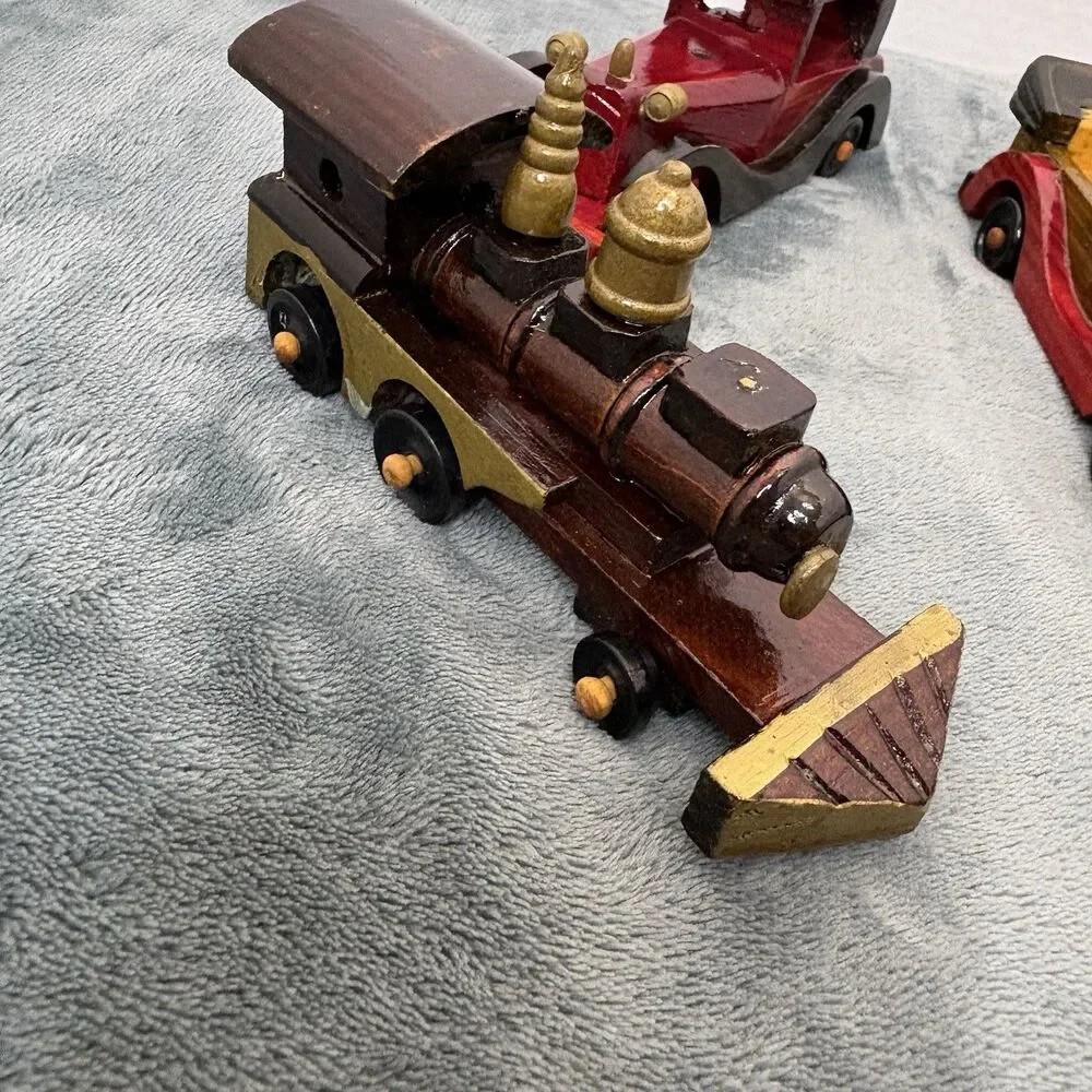 Lot 6 Vintage Handmade Wooden Cars Vehicles Toys Trucks Trains Handmade Painted
